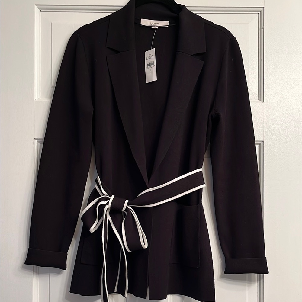 Loft Black Women's wrap sweater Blazer with White Trim-NWT-size S